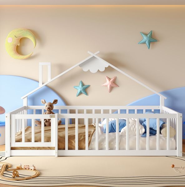 Kinderbett Flachbett mit Haus-Design & Geländer, 90x190 cm, ohne Matratze, Kiefer weiß