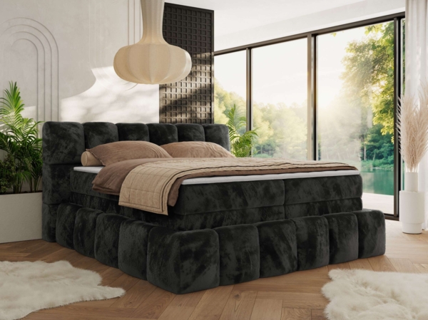 Boxspringbett NIRA KING, Doppelbett mit Fußteil, 7-Zonen Multipocket-Matratzen und Topper, Schlafzimmerbett - 140 x 200 cm - Dunkelgrau Plüsch - H4