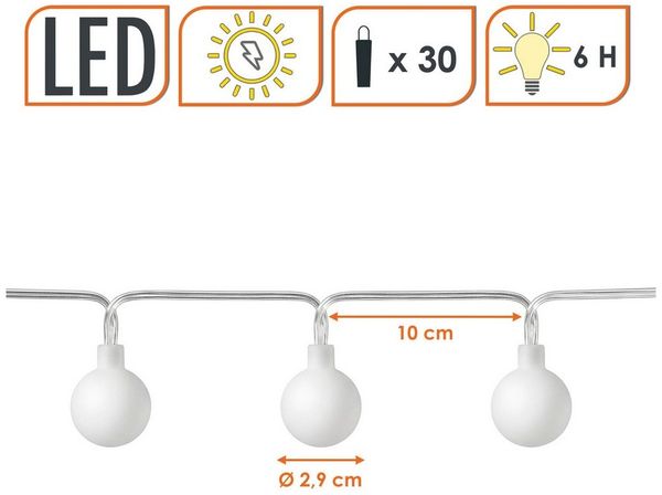 Spetebo LED-Lichterkette Lichterkette 290 cm für Außen mit 30 mini Kugeln, 30-flammig, Automatische Einschaltung bei Dämmerung