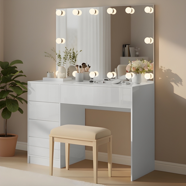 Bellamio 'Livny' Schminktisch mit Spiegel, großer Hollywood Spiegel mit LED-Beleuchtung, mit 5 Schubladen, beidseitig montierbar, weiß Hochglanz, 80x53x110 cm