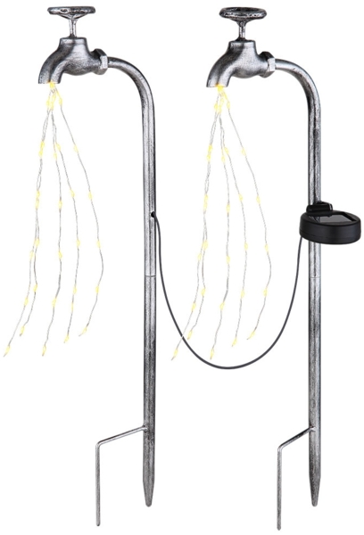 LED Solarleuchte, 2x Wasserhähne, Erdspieß, silber, H 53 cm