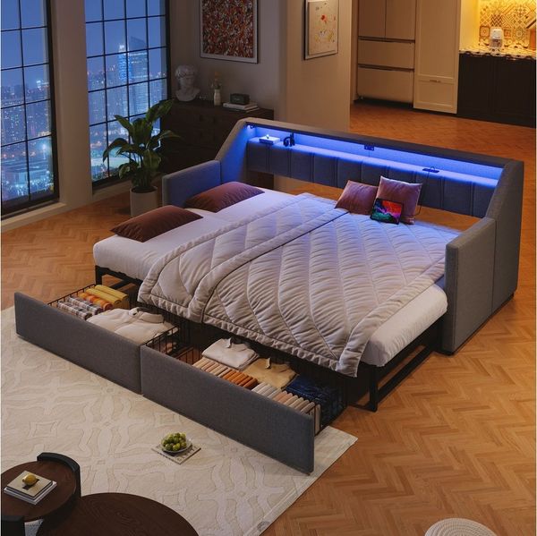 OKWISH Schlafsofa Polsterbett, mit LED & USB/Type-C, Ausziehbares Schlafsofa mit Schubladen, Kinderbett Funktionsbett 90x200cm/180x200 cm, Inklusive Matratze