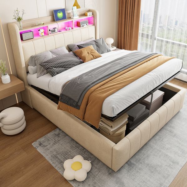 Polsterbett 140×200 cm mit LED, USB-C und hydraulischem Bettkasten, Beige, ohne Matratze