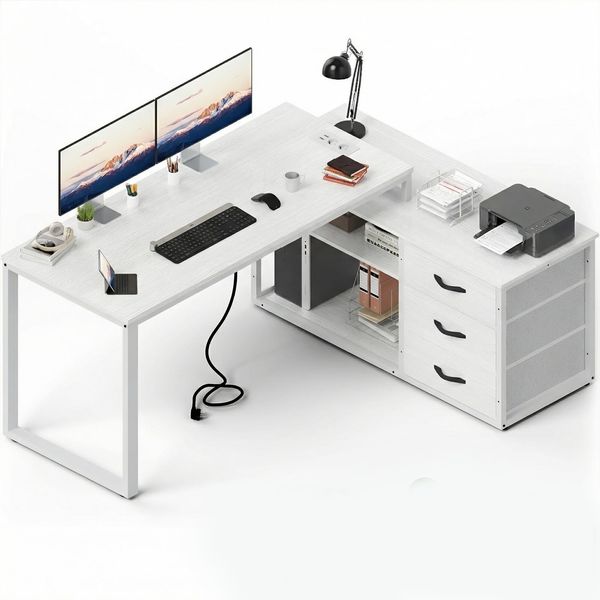 JUMMICO Schreibtisch mit Schubladen, 140 x 105 x 75 cm, L Form Reversible Eckschreibtisch mit 2 USB-Ladeanschlüssen und 2 Steckdosen,Weiß