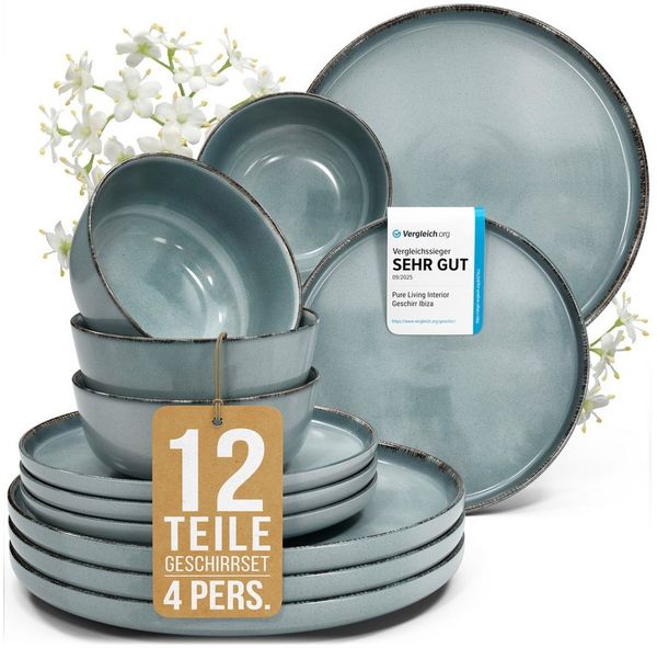 PURE LIVING INTERIOR DESIGN Geschirr-Set Pure Living »Rustic« (12-tlg), 4 Personen, Steingut, Rauchblau, 4 Personen, Steingut, Authentischer Landhausstil, Reaktive Glasur – jedes Stück ein Unikat,…