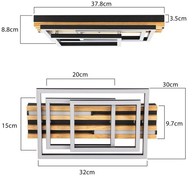 ZMH LED Deckenleuchte Dimmbar Holz Deckenlampe: 2/3-Ringen Wohnzimmerlampe, LED fest integriert, 3000-6500K, Schwarz Deckenbeleuchtung mit Fernbedienung Design