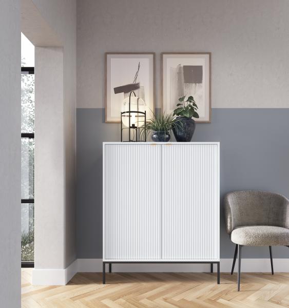 Domando Highboard Lazise Klassisch Breite 104cm, aufwändig gefräste Fronten, Metallgestell, goldfarbene Griffe in Weiß Matt