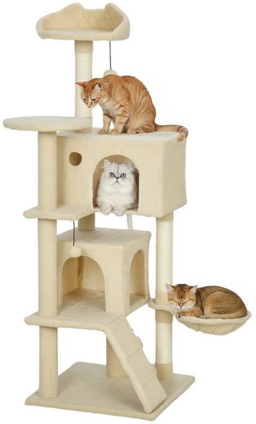 PawHut Kratzbaum 140 cm Katzenturm mit Hängematte, Leiter, Höhle, 2 Plüschballen, Sisalstämme, große Plattform, für Katzen unter 5 kg, Beige