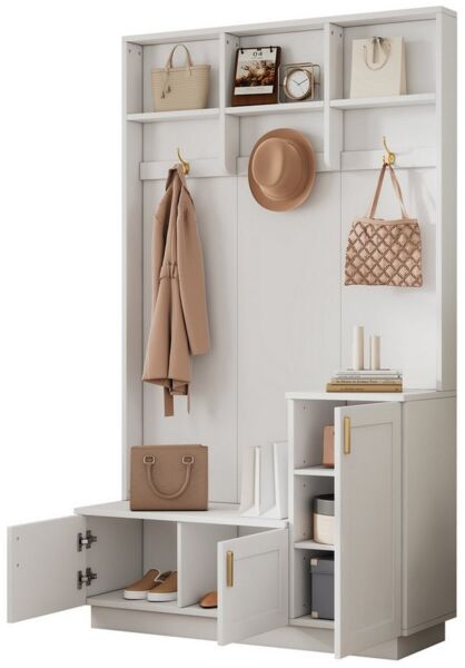 Merax Garderoben-Set mit Sitzbank & höhenverstellbarer Schuhablage, (1-St, 200 x 120 x 40 cm), Aufbewahrungsbank Hochglanz Garderobenständer mit offenem Stauraum