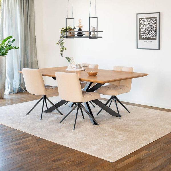 HOME DELUXE Essgruppe Eckig AVENCIA inkl. Sternfuß - 200 x 120 cm Light Oak 4 Stühle Creme