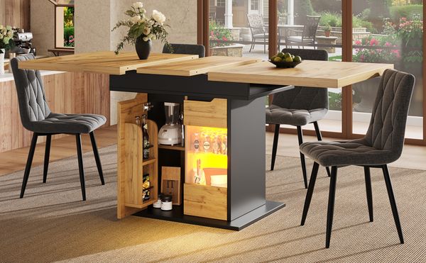 Esstisch 110/140x80x76 cm Natürlich und Schwarz, ausziehbar, MDF mit Sicherheitsglas, LED-App-Beleuchtung und integriertem Stauraum