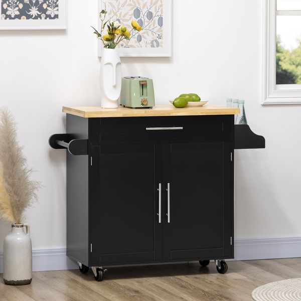 Küchenwagen 109 x 40 x 89 cm mit Arbeitsplatte, Schublade, Schrank und Rollen in Schwarz