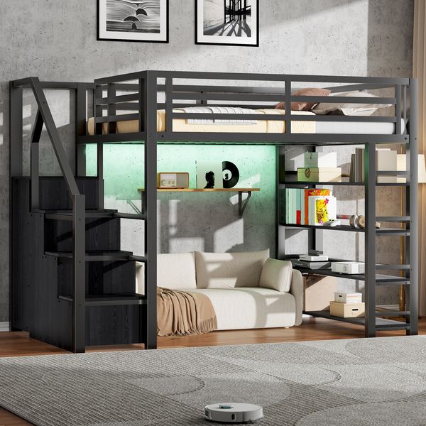 Merax Hochbett, Metallbett, 140x200cm mit Regale Stauraumtreppe Kleiderschrank LED, Schwarz