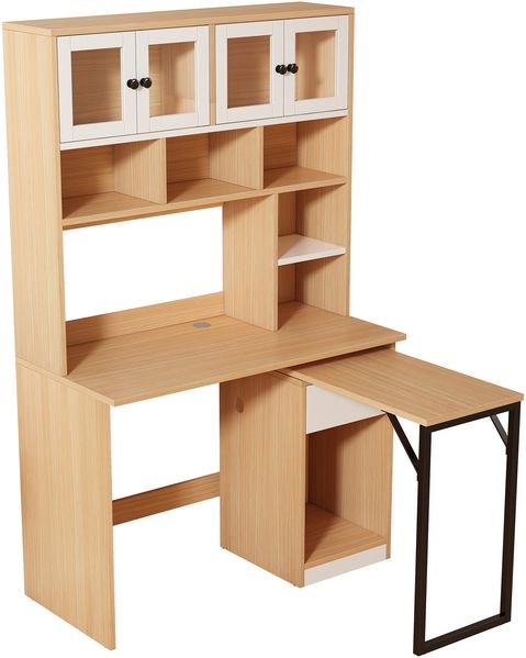 Flieks Büroschreibtisch 110x100x180cm mit Regalaufsatz, Computertisch mit Stauraum-Hochschrank, Regal-Schreibtisch, Weiß/Natur