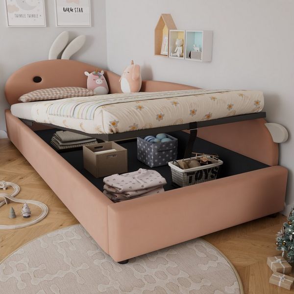 MODFU Schlafsofa mit Häschen-Kopfteil & Schutzzaun, Kinderbett mit hydraulischem Stauraum, Polsterbett, Samt 90x200cm, Inklusive Matratze