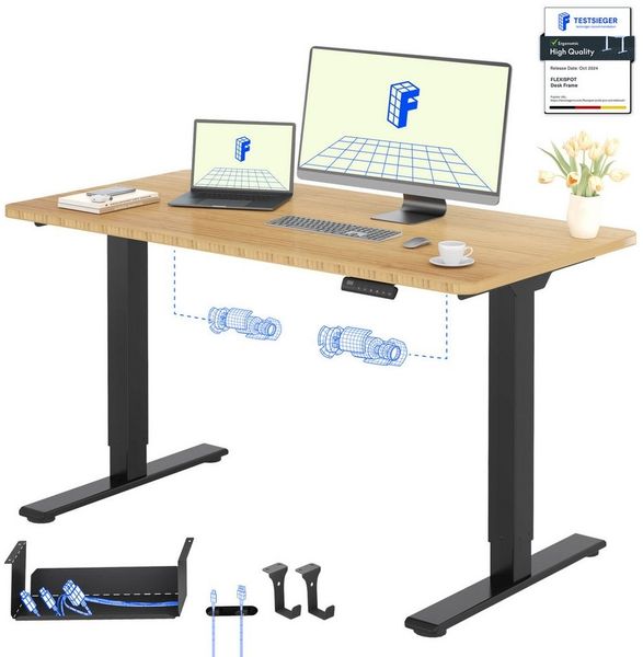 FLEXISPOT Schreibtisch Basic Plus höhenverstellbarer Schreibtisch mit Premium-Zubehör-Set (2 Motore & 2-Fach-Teleskop & 4 Höhenspeichertasten), MIT 19MM Bambus Tischplatte, 140/160/180
