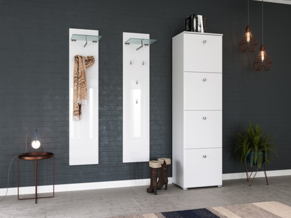 Garderobe Set 013 Lancaster 3 tlg Schuhschrank 4 Klappen 16 Paar Weiss-Weiss Hgl : Weissmatt / Weiss hochglanz