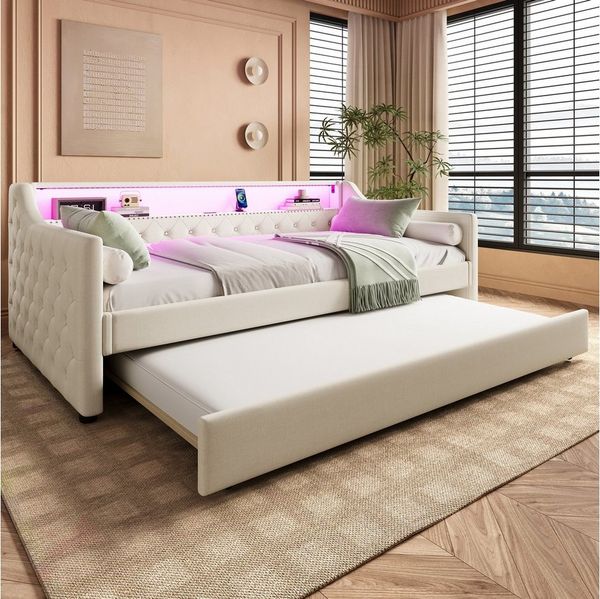 Flieks Daybett, LED Polsterbett Tagesbett 90x200cm mit Ausziehbett, USB-Ladebuchse