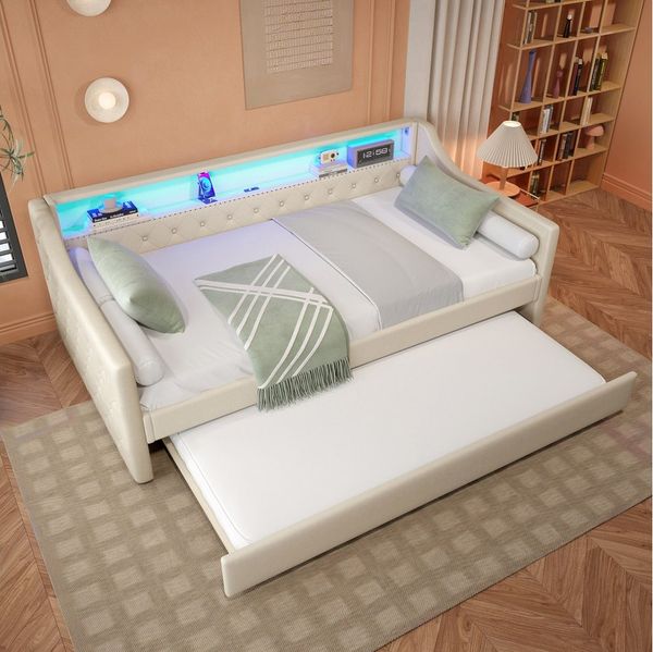 Flieks Daybett, LED Polsterbett Tagesbett 90x200cm mit Ausziehbett, USB-Ladebuchse