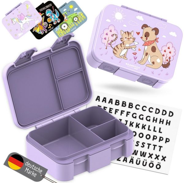 BEARFOOT Lunchbox Brotdose mit Fächern,auslaufsicher - Hund & Katze lila 650ml, PP, ABS, Silikon, Kindergarten und Schule - Mädchen und Jungen, Vesperbox, Snackbox