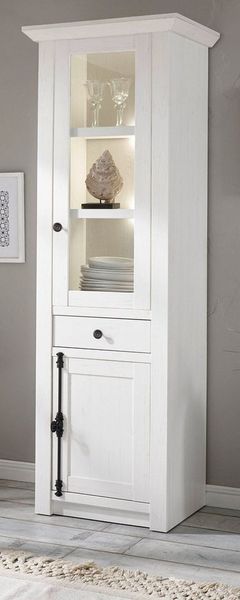 Furn. Design Standvitrine Hooge (Vitrinenschrank in Pinie weiß Landhaus, 63 x 207 cm) mit Drehriegelverschluss