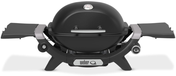 Weber Q 1200N Gasgrill mit Seitentischen/Leichter Grill für Camping, Terrassen & Balkone mit Hochleistungsbrenner, porzellanemaillierten Gussrosten & elektronischer Zündung, Mitternachtsschwarz