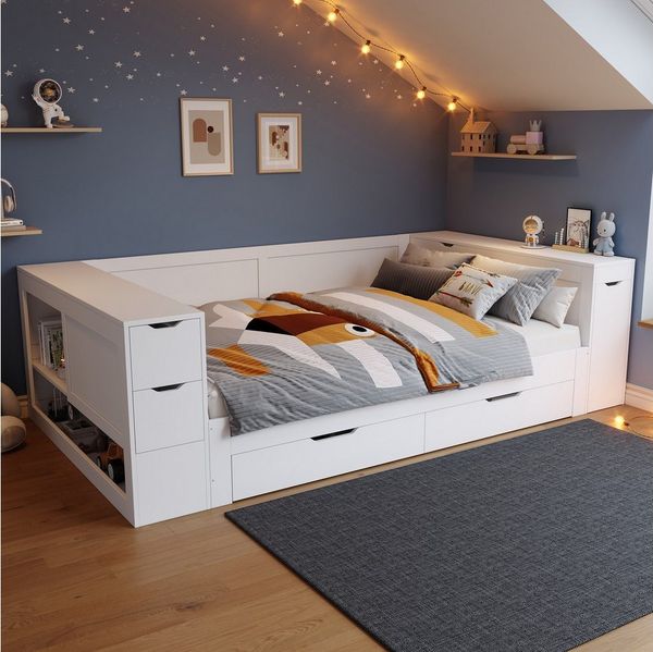 Flieks Kinderbett, Stauraumbett Daybett 140x200cm mit Schubladen, Regalen und Nachttisch