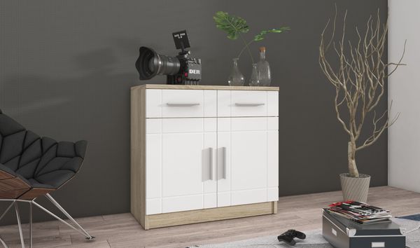 Sideboard PARIS 2F-2S Weiß + Sonoma Eiche