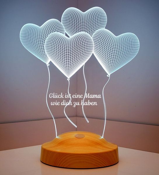 Geschenkelampe LED Nachttischlampe Vier Herzen 3D mehrfarbiges Nachtlicht für Mama, Leuchte 7 Farben fest integriert, Geschenk für Muttertag, Mama