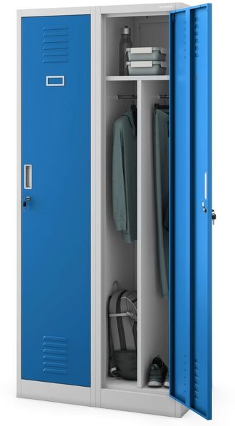 Umkleideschrank Spind KACPER - 2 Abteile, Etikettenhalter Lüftungsschlitze | Umkleidespind Metall Schließfachschrank Garderobenspind, 180x80x50cm Grau-Blau