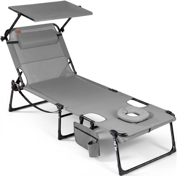 Homecall Sonnenliege mit Gesichtsöffnung und Sonnendach, klappbarer Liegestuhl, 4-Fach verstellbare Rückenlehne, bis zu 180 kg belastbar, für Garten, Strand und Camping (2, Hellgrau)