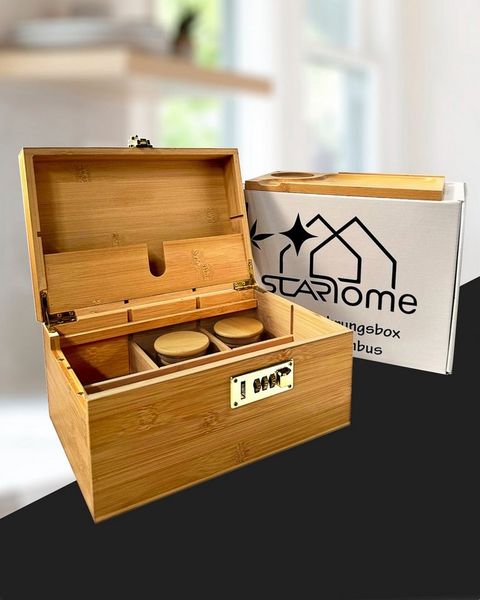 Starhome Schatzkiste - Aufbewahrungsbox aus Bambus mit Zahlenschloss I 25,5x18x14 cm, Herausnehmbare Trennfächer, extra große Box