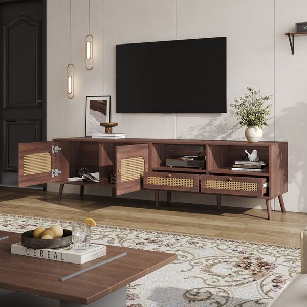 HAUSS SPOLE TV-Schrank TV-Schrank für 80-Zoll-Fernseher mit 2 Rattantüren, 2 Schublade, Braun (Fernsehtisch,TV-Ständer, Fernsehschrank, 1-St, für 80-Zoll-Fernseher) mit 2 Rattantüren, 2 Schubladen