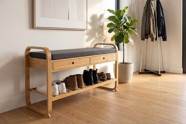 riess-ambiente Schuhbank ZEN-BO 100cm natur/grau - Bambus, FSC, Rega, Sitzbank, mit Schubladen (Einzelartikel, 1-St), Gepolsterte Garderobenbank aus Massivholz - ideal für Eingangsbereich