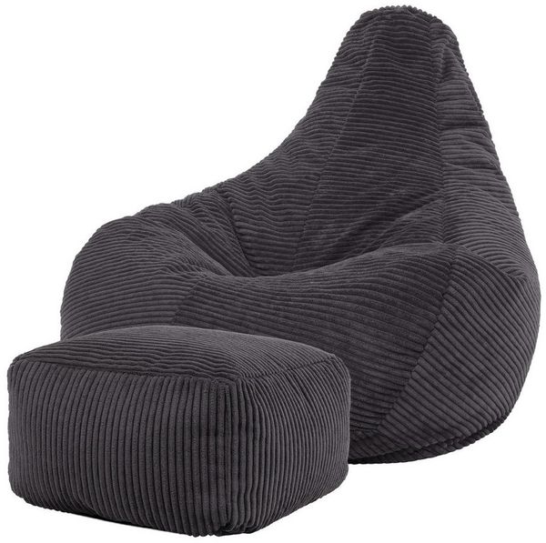 Icon Sitzsack „Dalton“ mit Hocker, Anthrazitgrau, Cord, Groß, Sitzsäcke für das Wohnzimmer, Schlafzimmer, Sitzsack-Sessel für Erwachsene