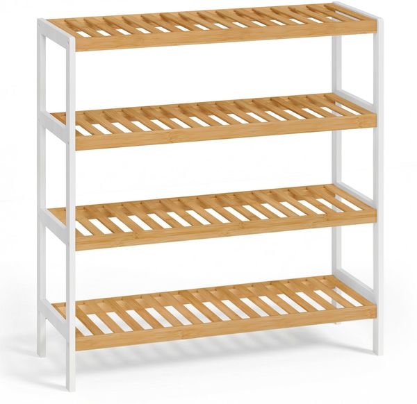 SONGMICS Schuhregal aus Bambus, Schuhablage mit 4 Ebenen, Schuh-Organizer, Regal für Schuhe, Pflanzen, Bücher, Flur, Wohnzimmer, Schlafzimmer, 26 x 70 x 75,5 cm, weiß-naturfarben LBS007KZ01