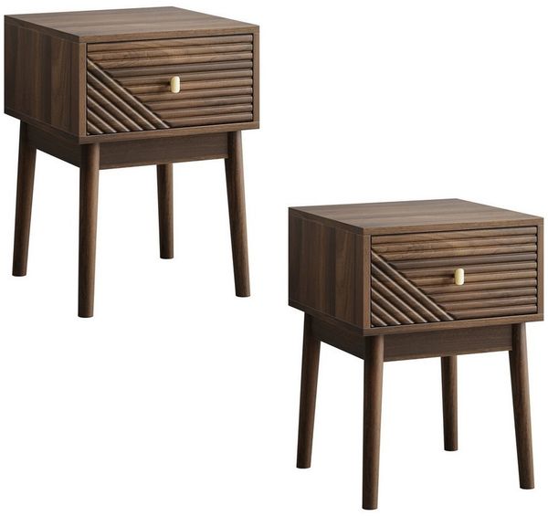 MODFU Nachttisch Nachtkonsole,Beistelltisch (Mid-Century Modern Nussbaum Nachttisch mit Metallgriffen – 2 Stück, Elegantes Rillendesign, großzügiger Stauraum, 2-St, 40x 40 x 55 cm)