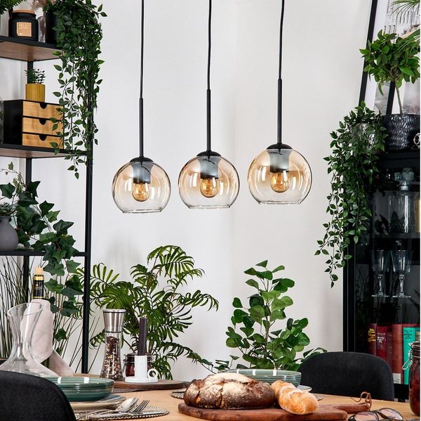 hofstein Hängeleuchte Hängelampe aus Metall/Holz/Glas in Schwarz/Natur/Bernstein/Klar, ohne Leuchtmittel, moderne Pendelleuchte im Boho/Retro-Design mit Holzstab, 3 x E27