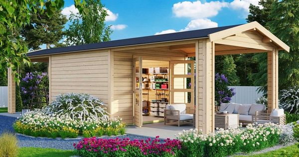 Gartenhaus Theres 7 - 304x304 cm plus 2 Dachausbauelemente, 28 mm Holz naturbelassen, Karibu