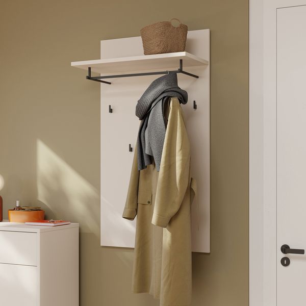 Forte ALICE SPRINGS Garderobenpaneel 70 80, moderne Garderobe, Garderobenhaken, Hutablage, Holzwerkstoff, Kaschmir Beige, 74 cm breit x 127 cm hoch x 30 cm tief