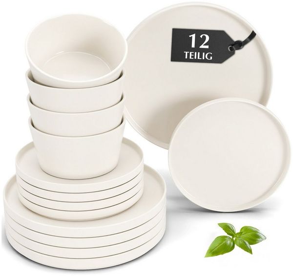 MiaMio Geschirr-Set Luxe Tafelservice für 4 Personen, 12-teilig, Weiß (12-tlg), 4 Personen, Keramik