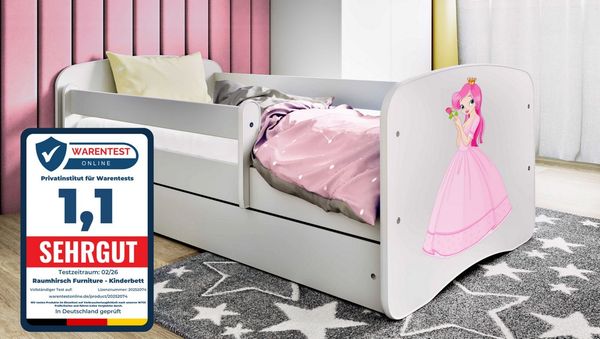 Raumhirsch Furniture Kinderbett 70x140, 80x160, 80x180 cm - Komplettset mit Matratze & Schublade (Bett für Mädchen, Einzelbett Kinder 2–12, mit Rausfallschutz & Lattenrost), verschiedene Farben & Designs