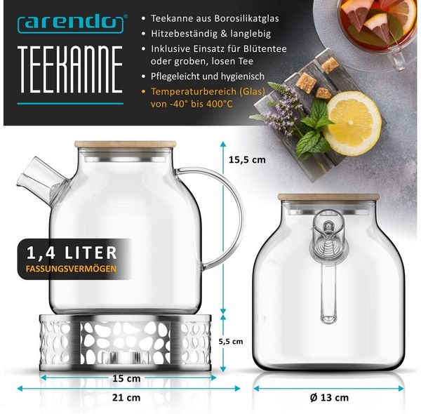 Arendo Teekanne Glas Teebereiter mit Stövchen, Sieb & Bambusdeckel für losen Tee, 1,4 l, (Set, Glaskanne, Teesieb, Rechaud), Borosilikatglas, Tischkocher, Edelstahlsieb, hitzebeständig, Geschenk