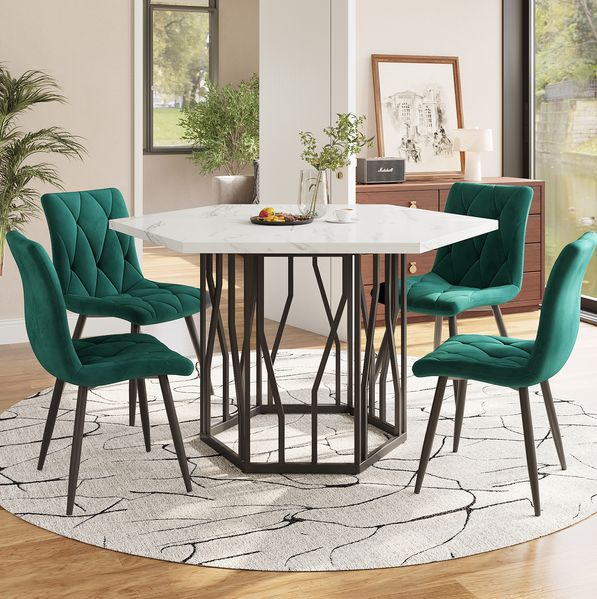 Esstisch-Set 5-tlg, sechseckiger Marmortisch 115,5x100x75 cm + 4 grüne Samtstühle