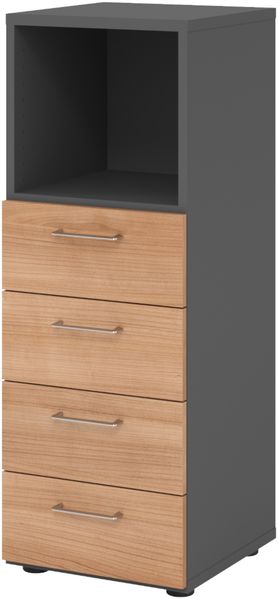bümö smart Schubladenschrank, Büroschrank in Graphit/Nussbaum mit 4 Schüben & 1 Regalfach - Bürocontainer aus Holz, Container mit Metallgriffen & Soft-Stop Schubladen, 934S4-G-N-BS