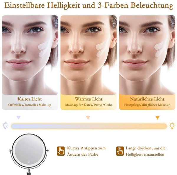 skelo Kosmetikspiegel Schminkspiegel mit Beleuchtung, 10-fach Vergrößerung, Höhenverstellbar (1-St, Kosmetikspiegel mit Standfuß, Standspiegel doppelseitig), 2000mAh, 10X Vergrößerung, Höhenverstellung 39-49 cm, 3 Farbtemperatur