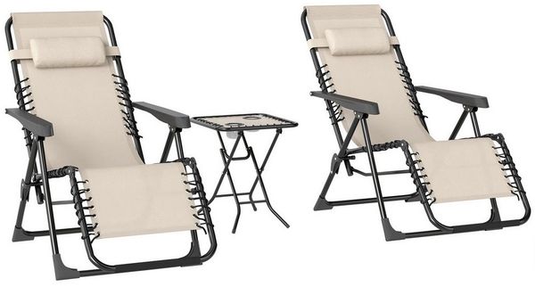 Outsunny Gartenliege mit Teetisch, 2 Stühle, Kopfkissen, aus Metall, 3-TLG. Sonnenliege, 1 St, wetterfest Relaxliege, für Garten, Terrasse, 90 x 56 x 110 cm, Beige