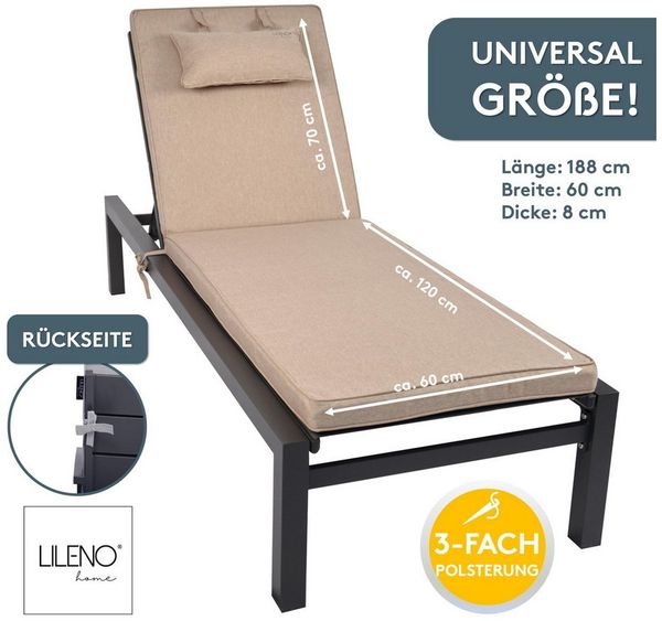 LILENO HOME Liegenauflage mit Kopfkissen perfekt für Strandliege, Sonnenliege Auflage, (1er Set), 1er Set Polster Auflage für Rollliegen in Taupe