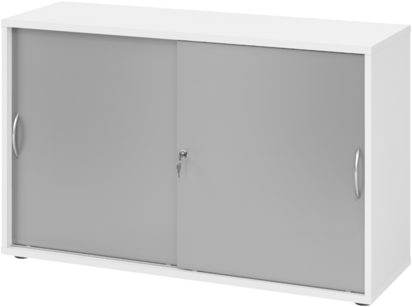 bümö Schiebetürenschrank 2OH - Aktenschrank abschließbar, Sideboard Schrank mit Schiebetüren in Weiß/Silber, Bogengriff - Büroschrank aus Holz mit Schiebetür, Büro Kommode für Ordner & Co, 1752S-W-S-BM