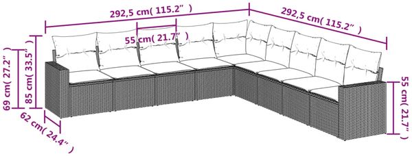 vidaXL 9-tlg. Garten-Sofagarnitur mit Kissen Schwarz Poly Rattan 3219075 Bild 3